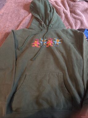 Empyre Olive Green Crewneck Hoodie with Colorful Bear Graphic